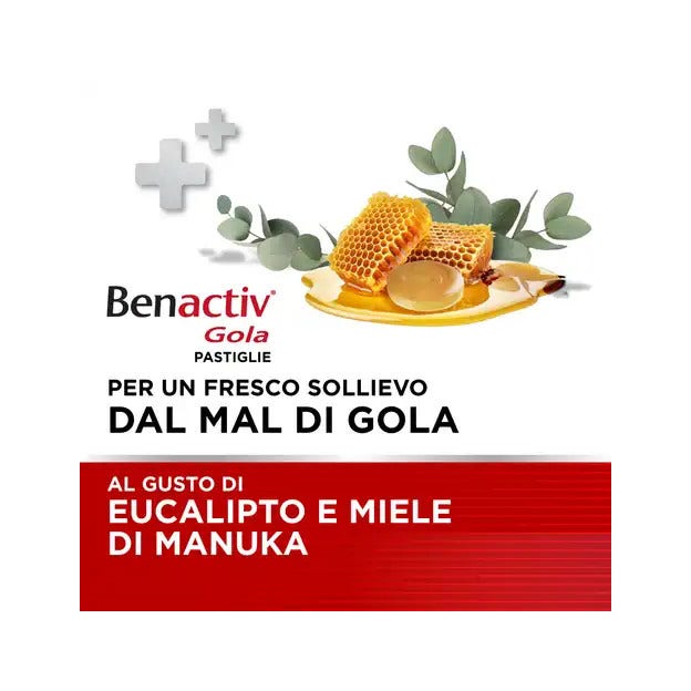 Benactiv Gola per il Mal di Gola 16 Pastiglie Gusto Miele Di Manuka E Eucalipto Senza Zucchero-9