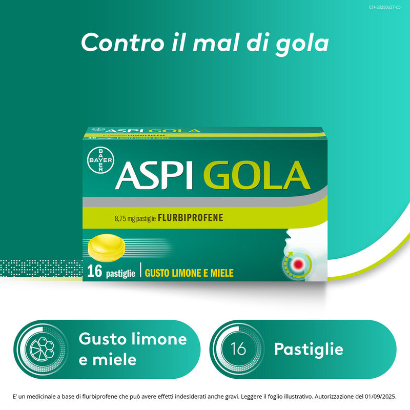 Aspi Gola Caramelle Antinfiammatorio per Gola Infiammata e Mal di gola 16 pastiglie Limone Miele