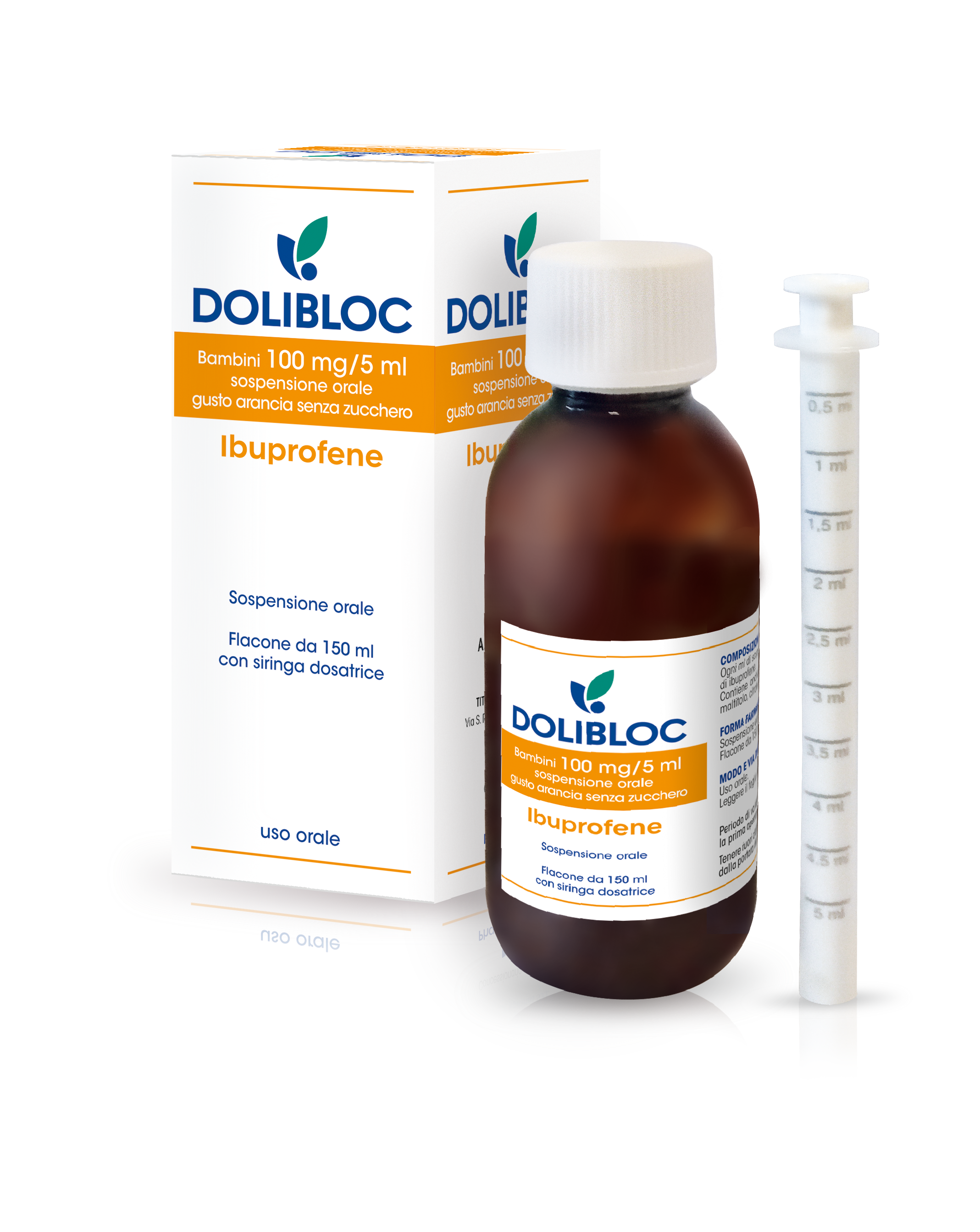 Dolibloc Bambini 100 Mg/5ml Sospensione Orale Gusto Arancia Senza Zucchero 1 Flacone in Pet 150ml con Siringa Dosatrice in pe-0
