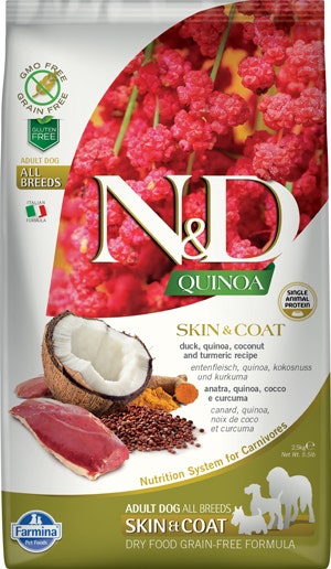 Farmina Natural & Delicious All Breed Quinoa Skin & Coat Anatra Grain Free Cibo Secco Per Cani 2,5kg-1
