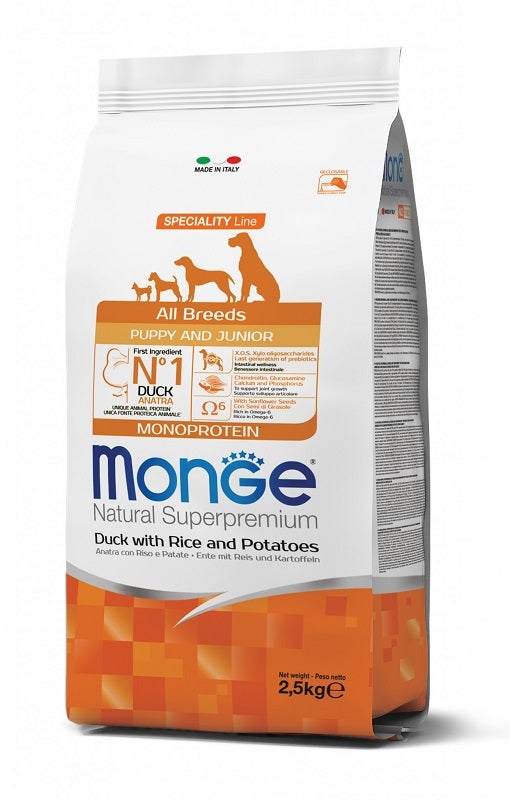 Monge Natural Superpremium All Breeds Anatra con Riso e Patate Cibo Secco Cani Cuccioli Sacco 2,5 Kg-1