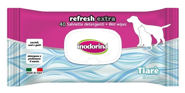 Inodorina Refresh Extra Salviette Detergenti Ai Fiori Di Tiarè Per Cani/Gatti 40 Salviette-1
