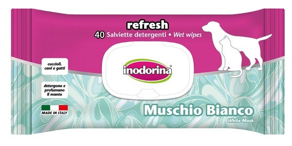 Salviette Detergenti Inodorina Muschio Bianco per Cani e Gatti 40 Pezzi-1