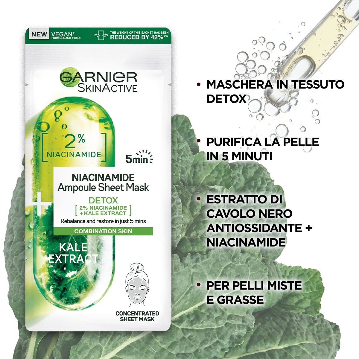Garnier Maschera In Tessuto Ampolla Detox Estratto Cavolo Nero/Niacinamide 1 Pezzo - 2