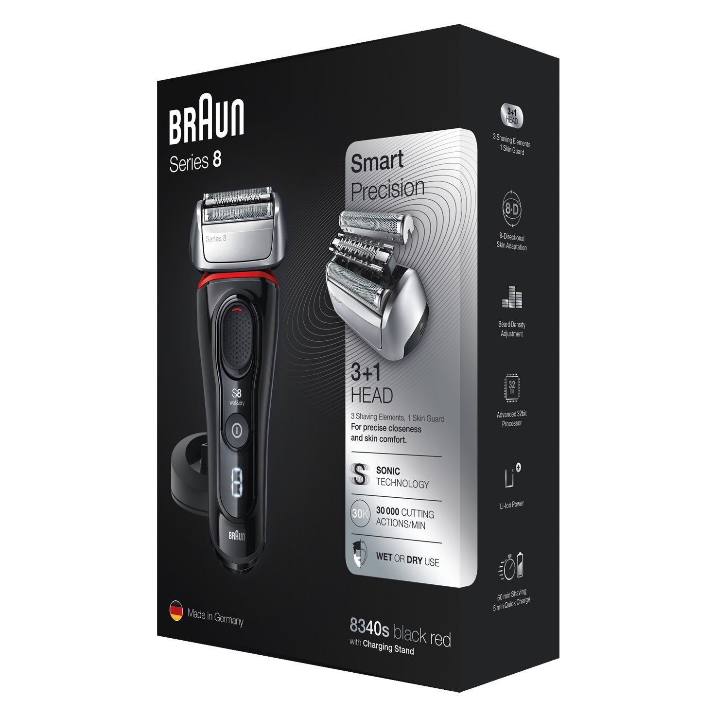 Braun Rasoio Series 8 Wet&Dry 8340s Con Base Di Ricarica E Custodia Da Viaggio Nero/Rosso - 3