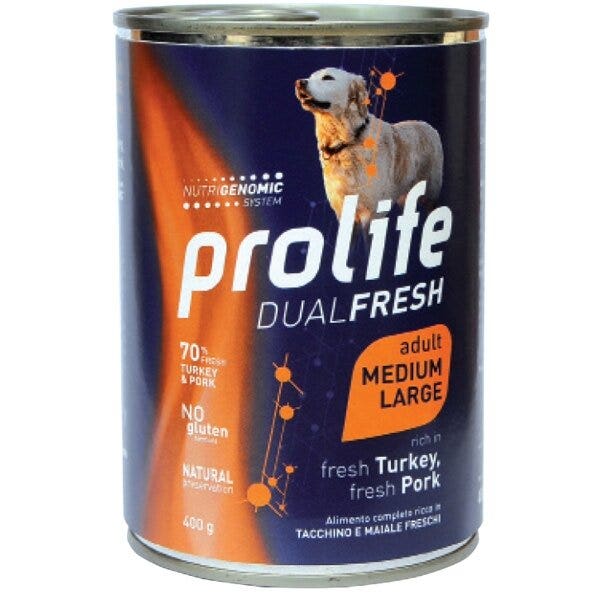 Prolife Dual Fresh Tacchino E Maiale Freschi Cibo Umido Per Cani Adulti Taglia Media/Grande Lattina 400g-2