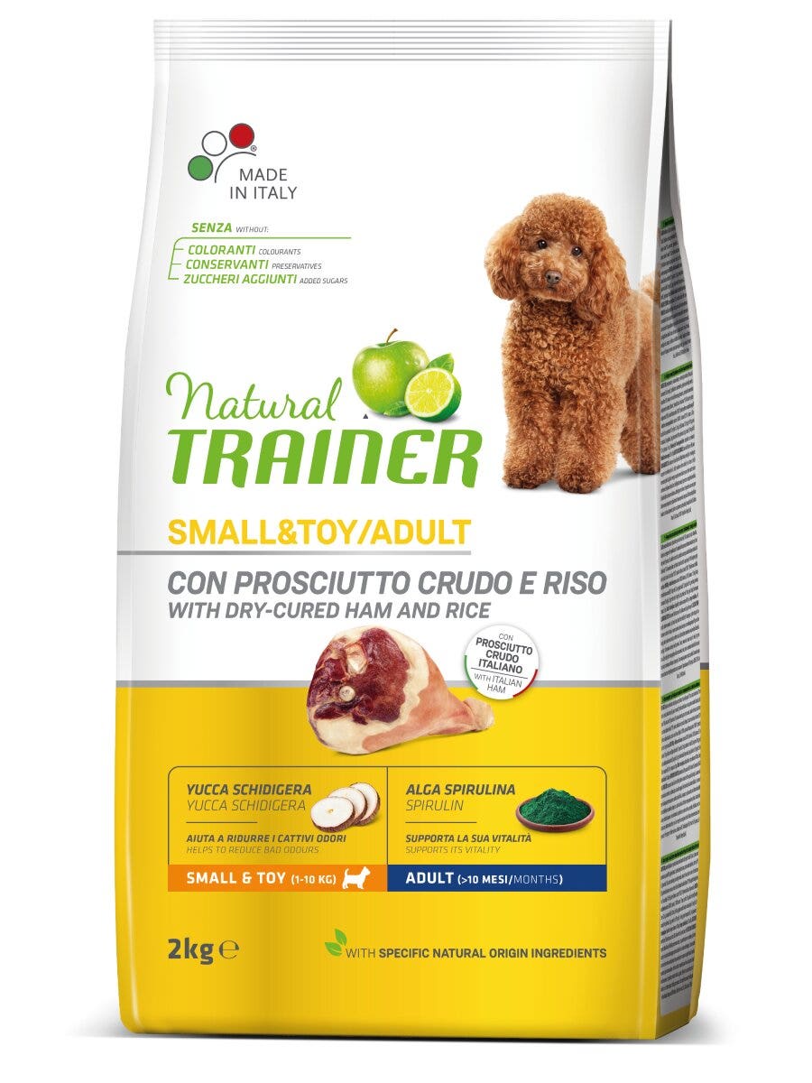 Natural Trainer Crocchette Prosciutto Crudo/Riso Per Cani Adulti Taglia Piccola Sacco 2kg-3