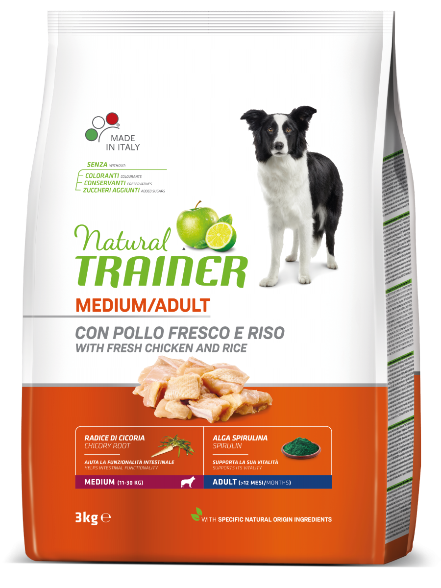 Natural Trainer Crocchette Pollo Fresco/Riso/Alga Spirulina Per Cani Adulti Taglia Media Sacco 3kg-2