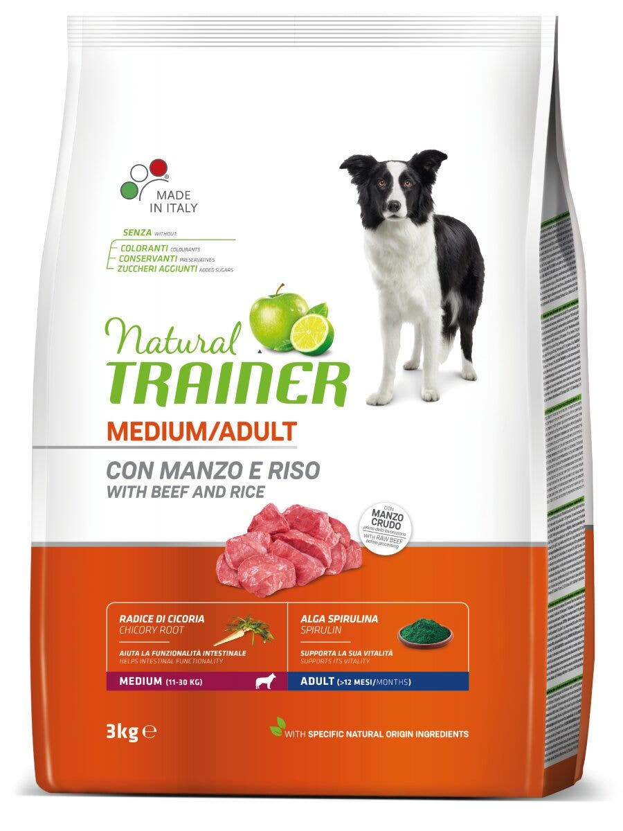 Natural Trainer Crocchette Manzo/Riso Per Cani Adulti Taglia Media Sacco 3kg-4