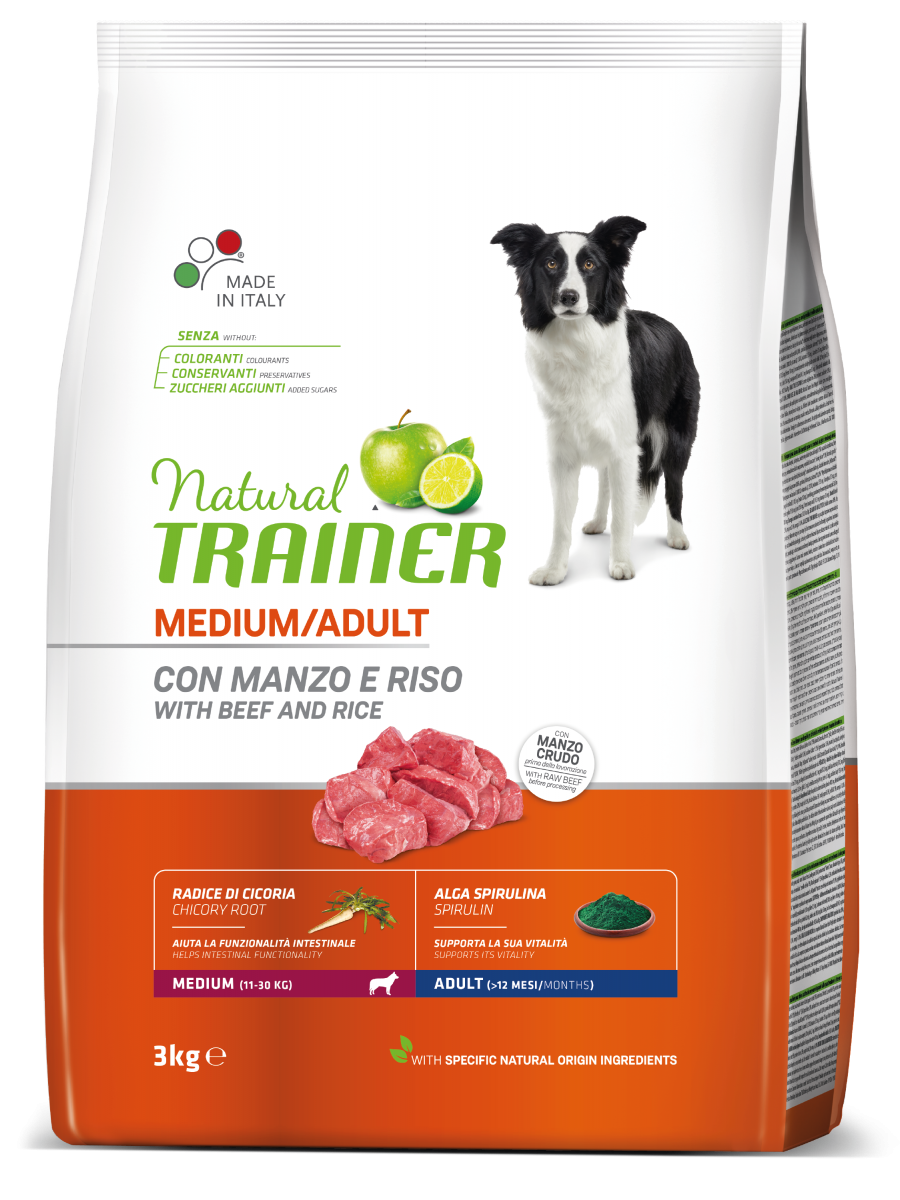Natural Trainer Crocchette Manzo/Riso Per Cani Adulti Taglia Media Sacco 3kg-3