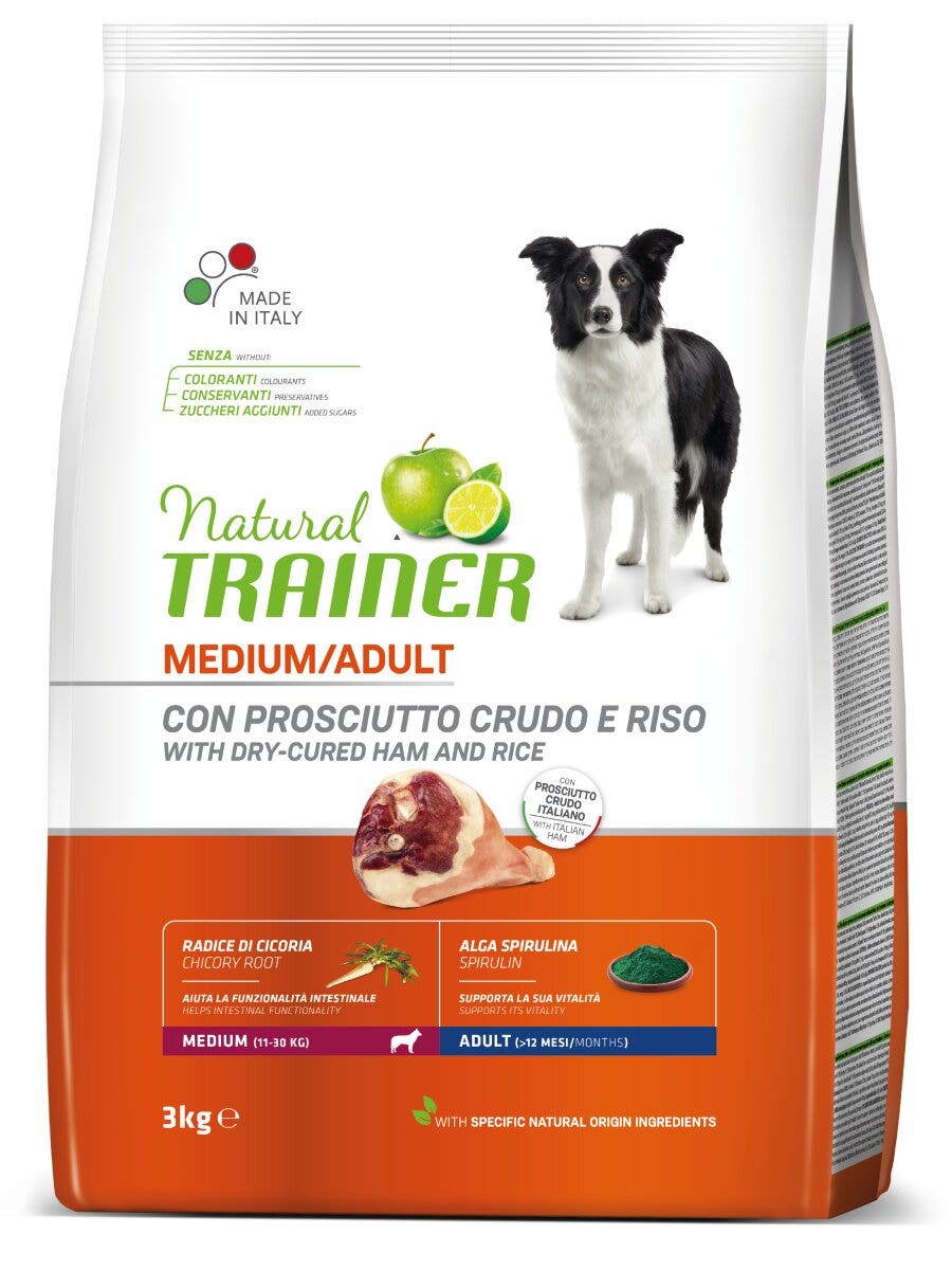 Natural Trainer Crocchette Prosciutto Crudo/Riso Per Cani Adulti Taglia Media Sacco 3kg-3