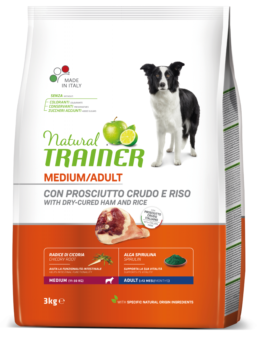 Natural Trainer Crocchette Prosciutto Crudo/Riso Per Cani Adulti Taglia Media Sacco 3kg-2