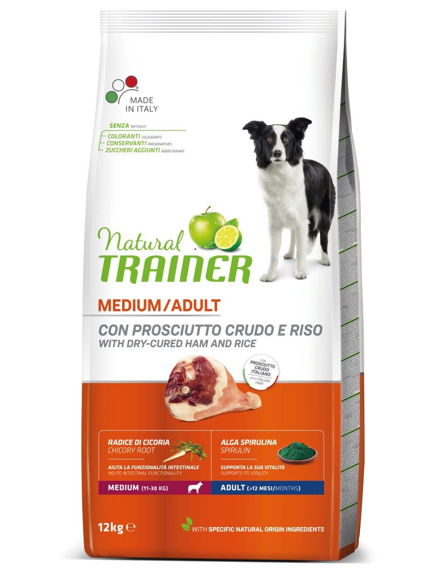 Natural Trainer Crocchette Prosciutto Crudo/Riso Per Cani Adulti Taglia Media Sacco 12kg-3
