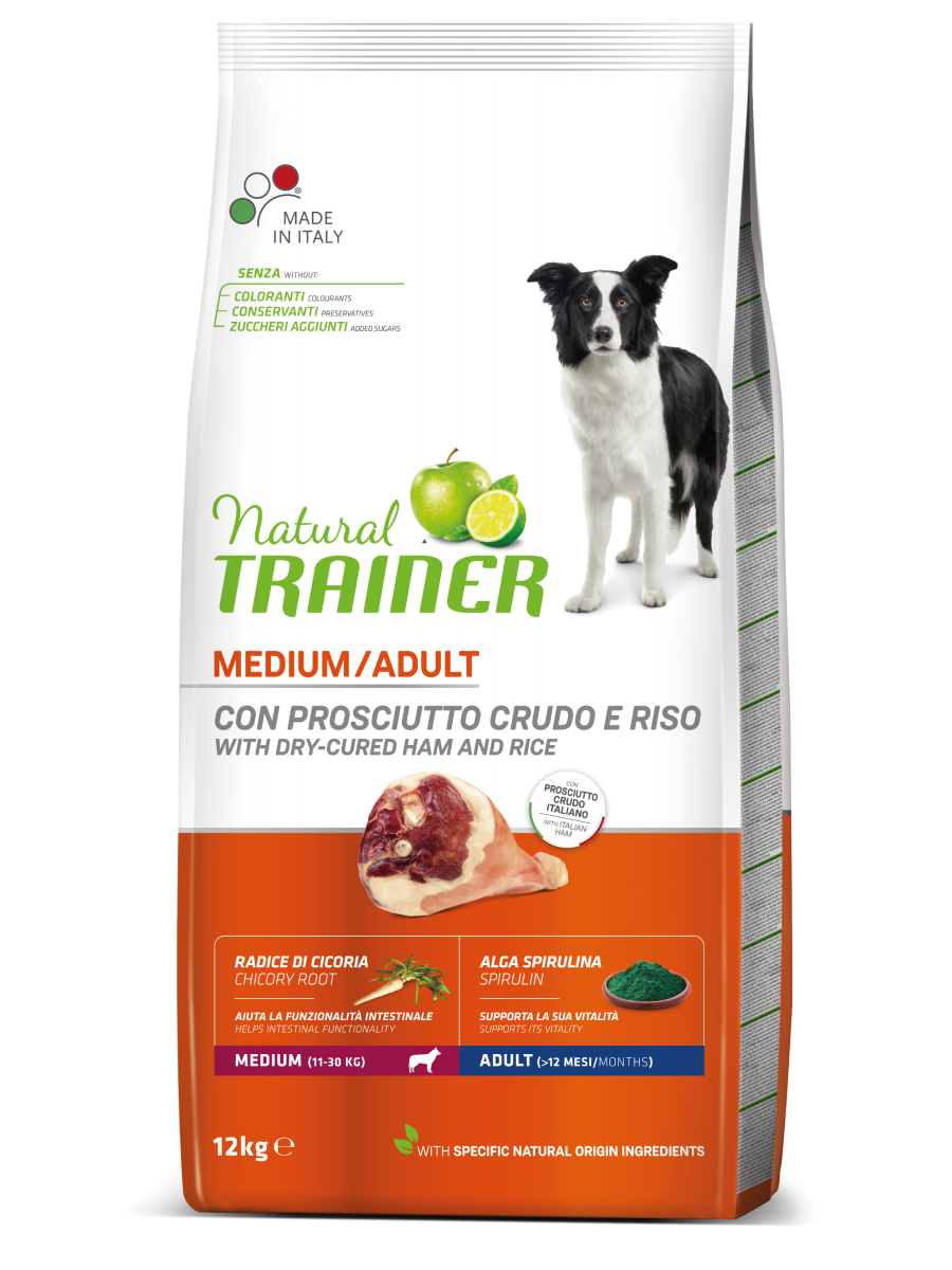 Natural Trainer Crocchette Prosciutto Crudo/Riso Per Cani Adulti Taglia Media Sacco 12kg-2