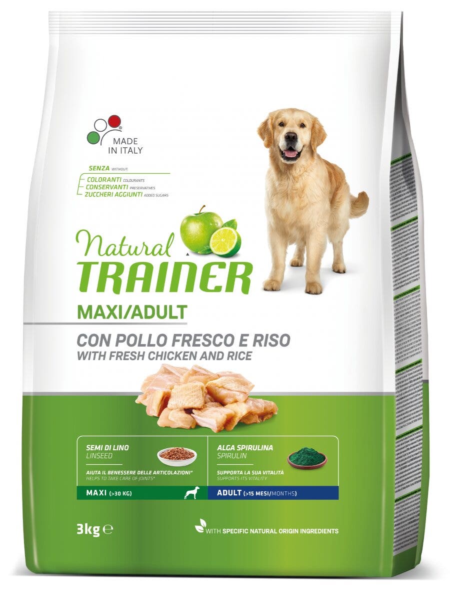 Natural Trainer Crocchette Pollo/Riso/Alga Spirulina Per Cani Adulti Taglia Grande Sacco 3kg-3