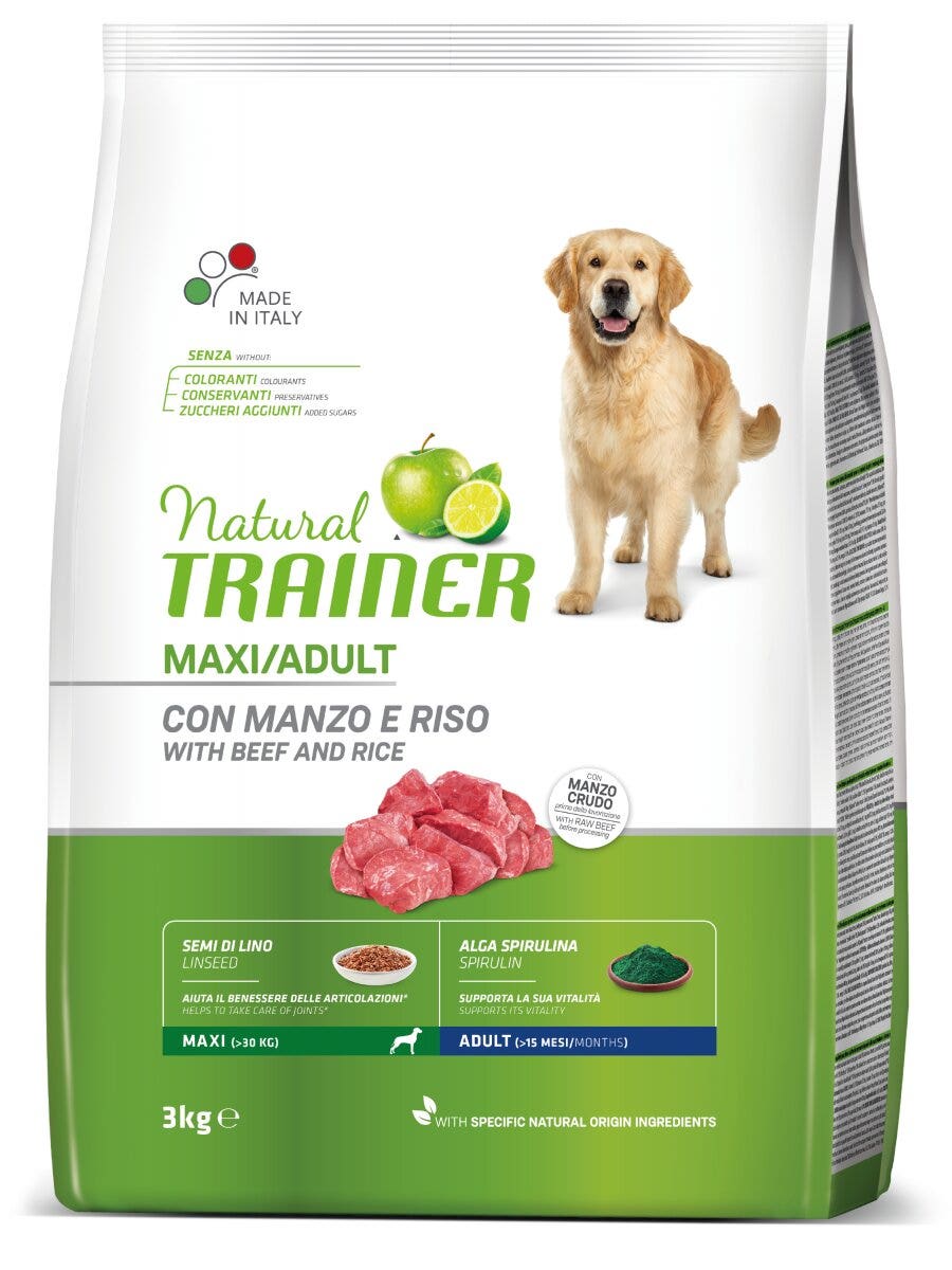Natural Trainer Crocchette Manzo/Riso Per Cani Adulti Taglia Grande Sacco 3kg-3