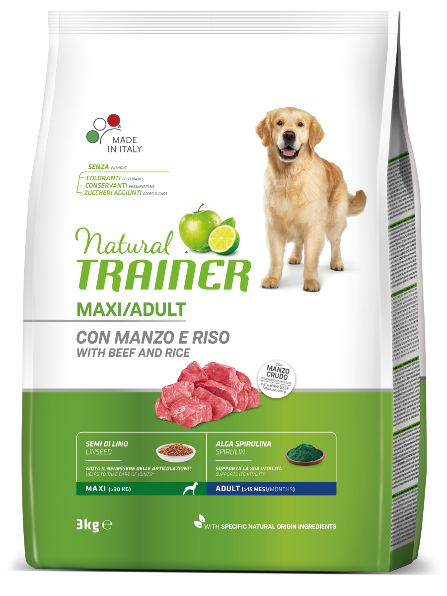 Natural Trainer Crocchette Manzo/Riso Per Cani Adulti Taglia Grande Sacco 3kg-2