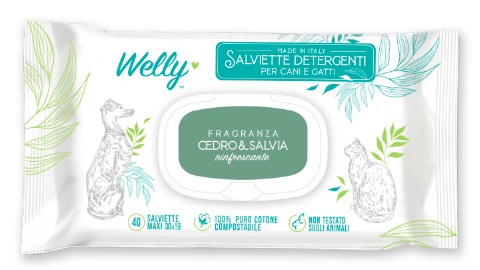 Welly Salviette Detergenti Rinfrescanti Cedro & Salvia Per Cani E Gatti 40 Pezzi-1
