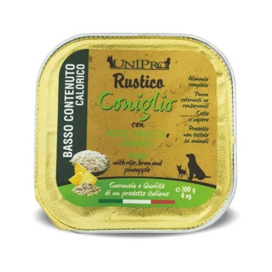 Unipro Rustico Coniglio Con Riso/Crusca/Ananas Per Cani Sovrappeso Vaschetta 100g-1