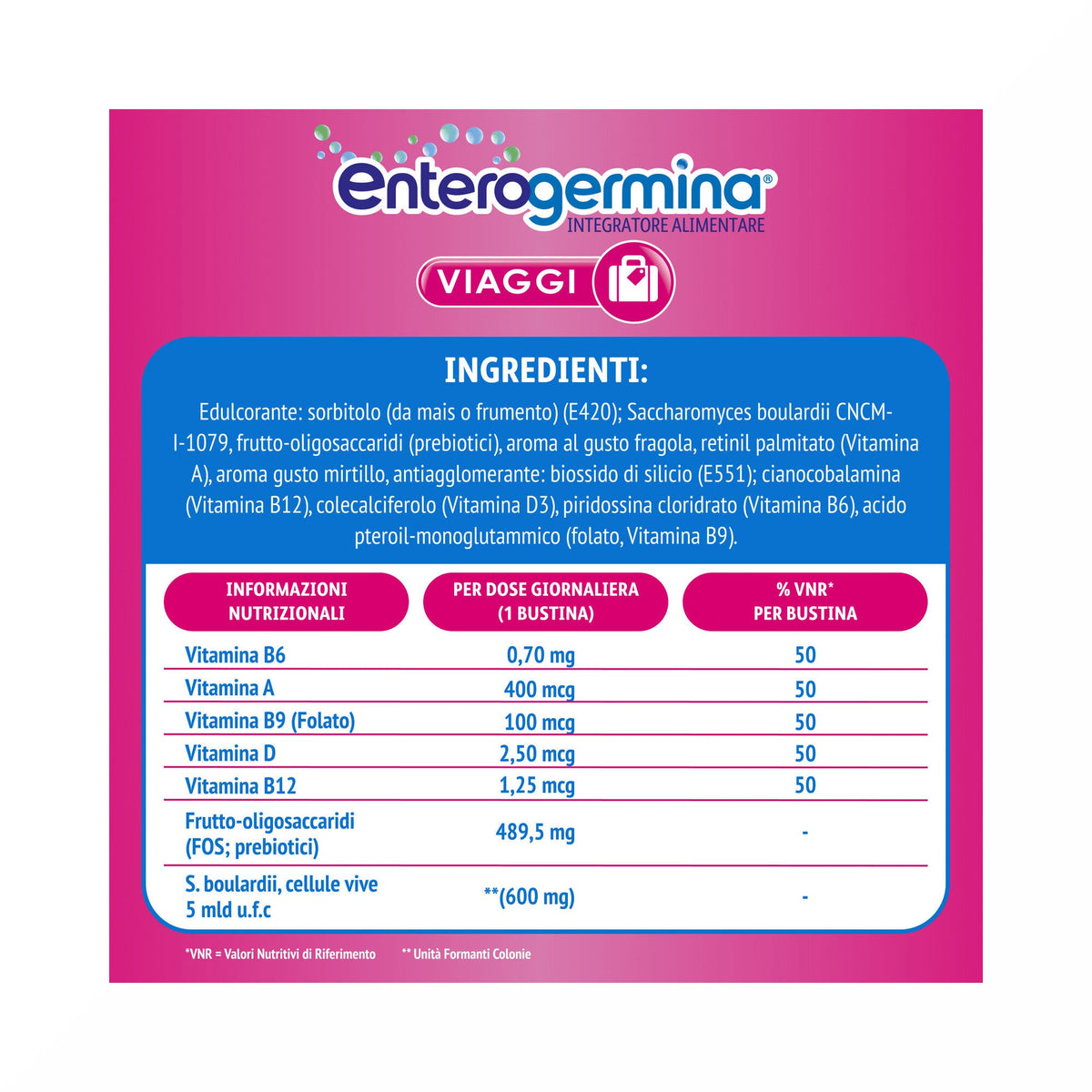 Enterogermina Viaggi, Integratore Alimentare Regolarità Intestinale con Probiotici Vitamina A, B12, B6, B9 e Vitamina D 12 bustine-22
