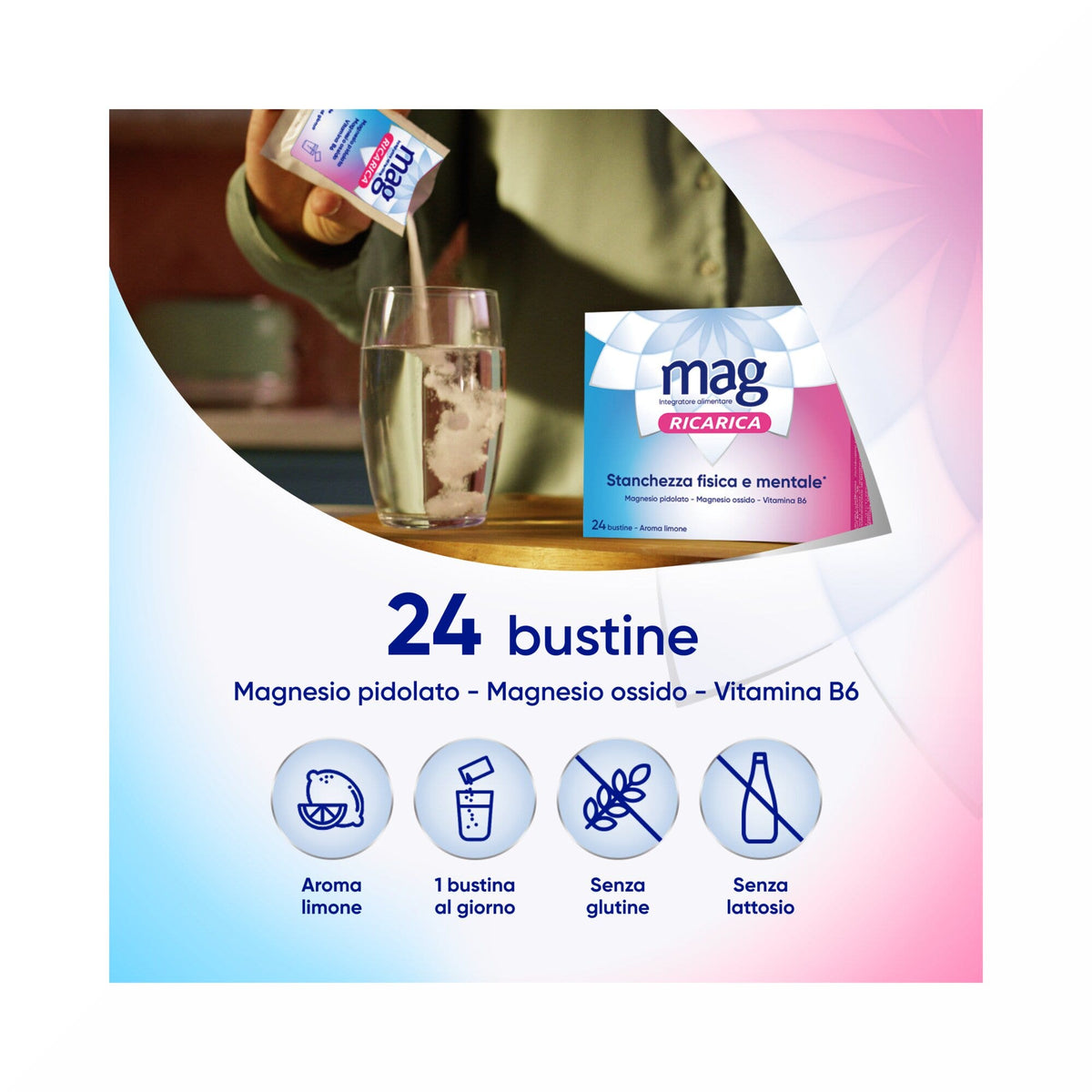 Mag Ricarica Integratore Alimentare Magnesio Pidolato, Magnesio Ossido e Vitamina B6, Stanchezza Mentale e Fisica 24 bustine-6