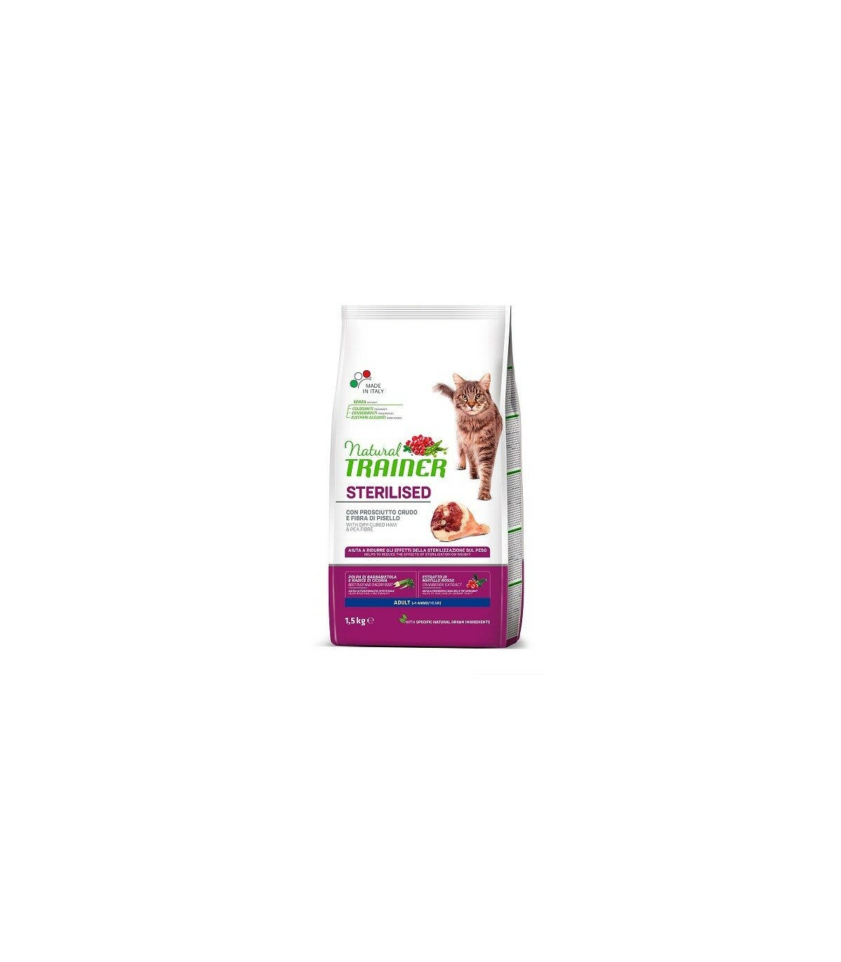 Natural Trainer Crocchette Prosciutto Crudo Gatto Sterilised Adult 1,5kg-1