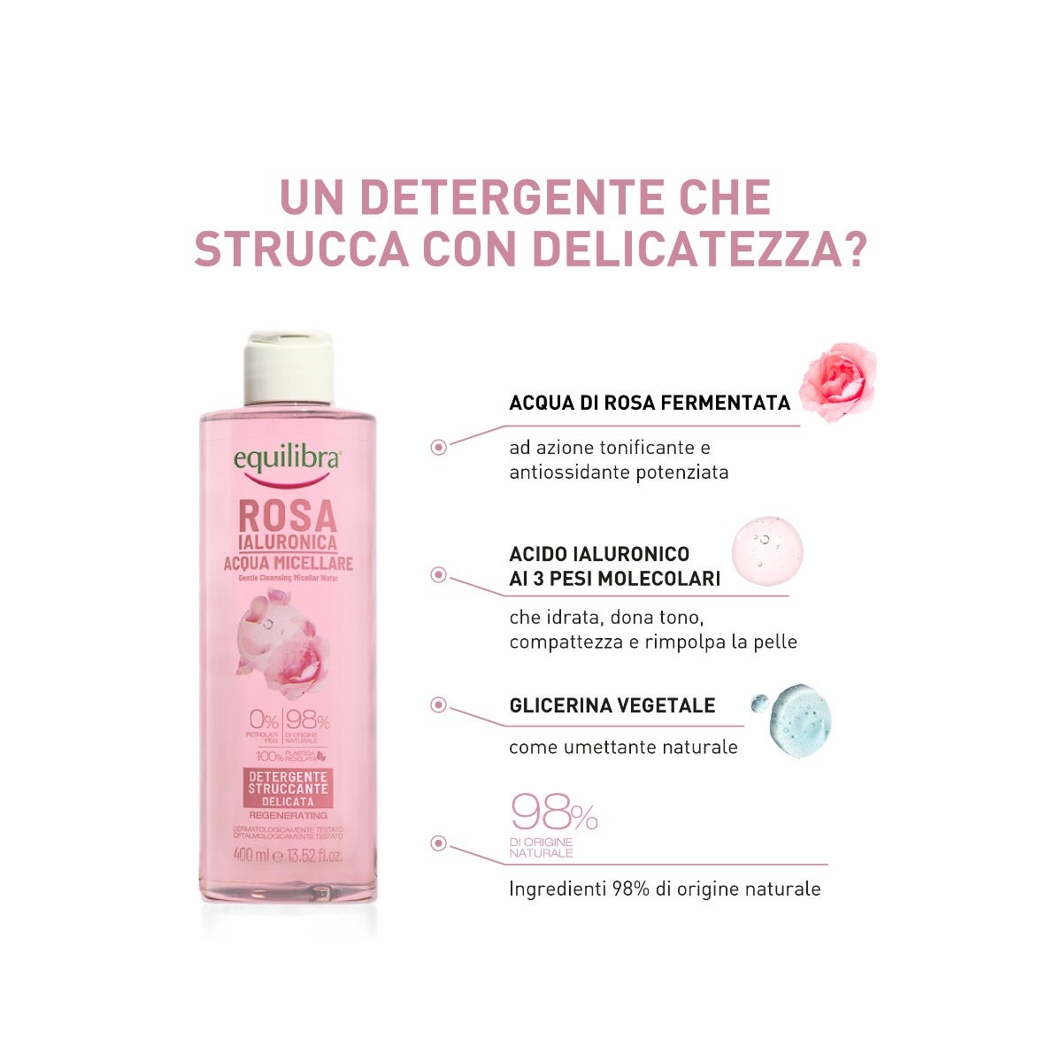 Equilibra Rosa Ialuronica Acqua Micellare Detergente/Struccante Delicata 400ml-4