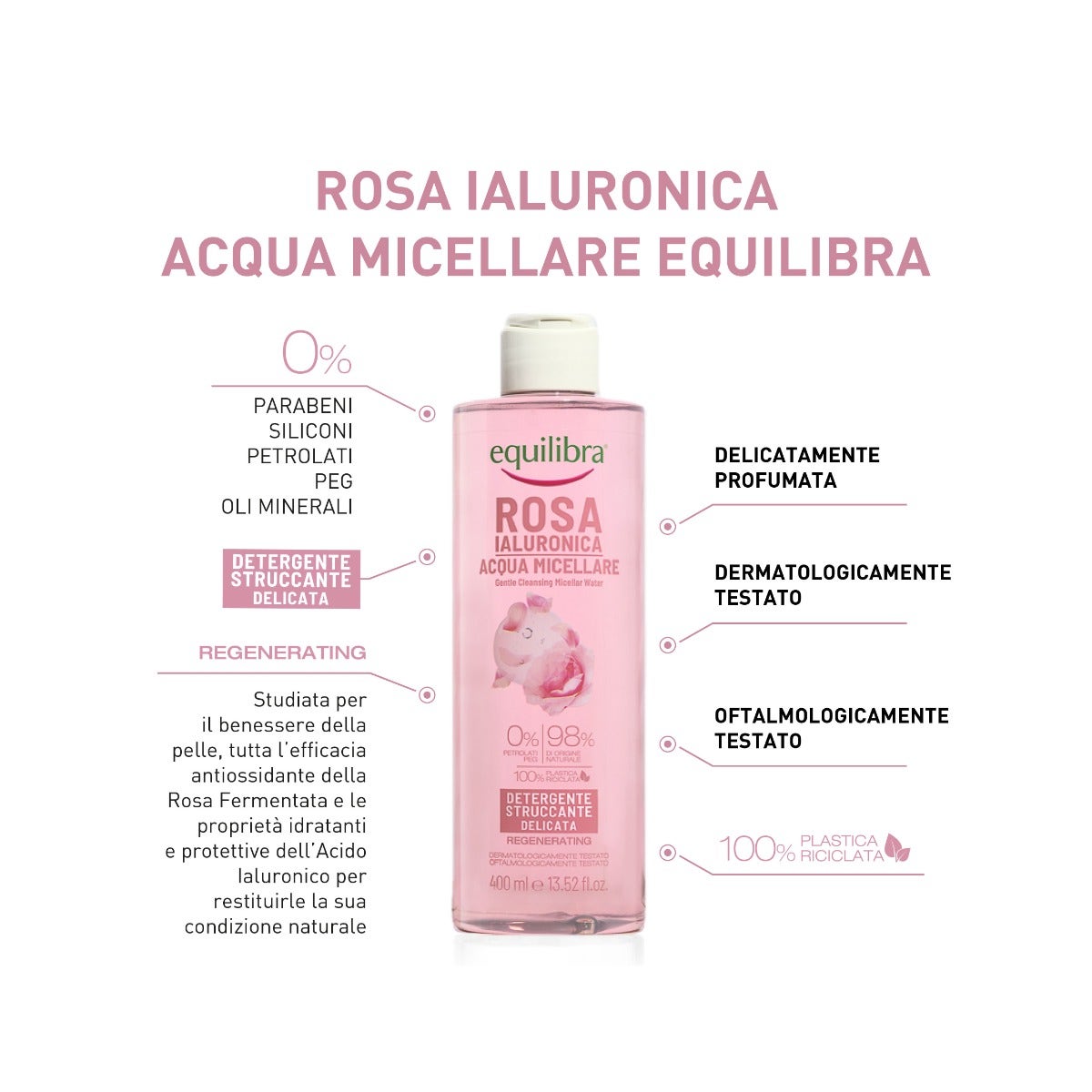 Equilibra Rosa Ialuronica Acqua Micellare Detergente/Struccante Delicata 400ml-5
