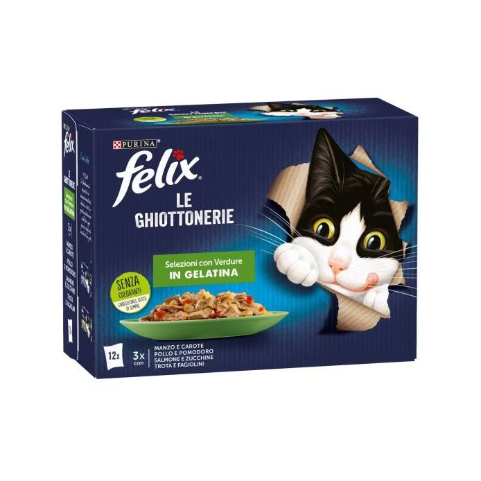 Purina Felix Le Ghiottonerie Manzo/Pollo /Salmone/Trota Con Verdure Cibo Umido Gatti Adulti Busta 12x85g-1