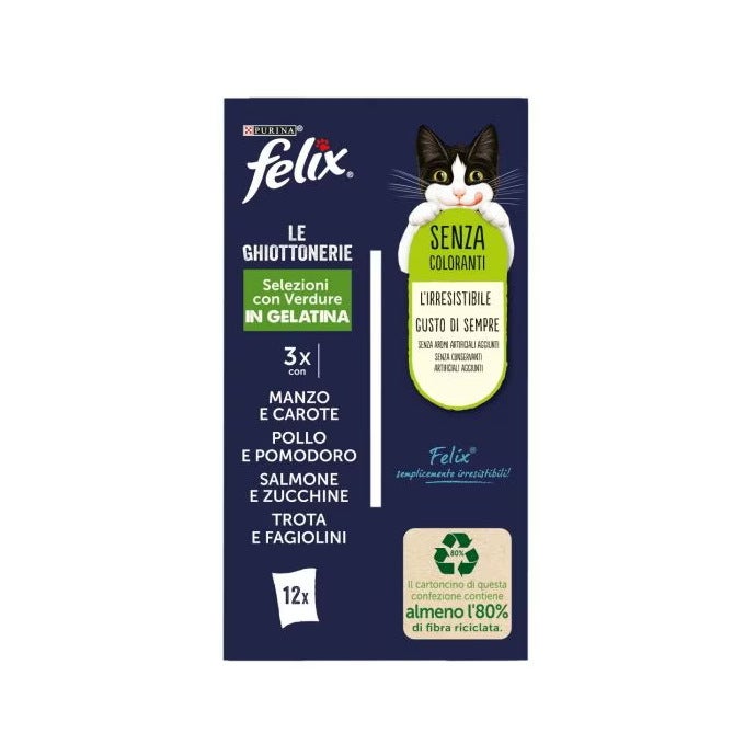 Purina Felix Le Ghiottonerie Manzo/Pollo /Salmone/Trota Con Verdure Cibo Umido Gatti Adulti Busta 12x85g-4