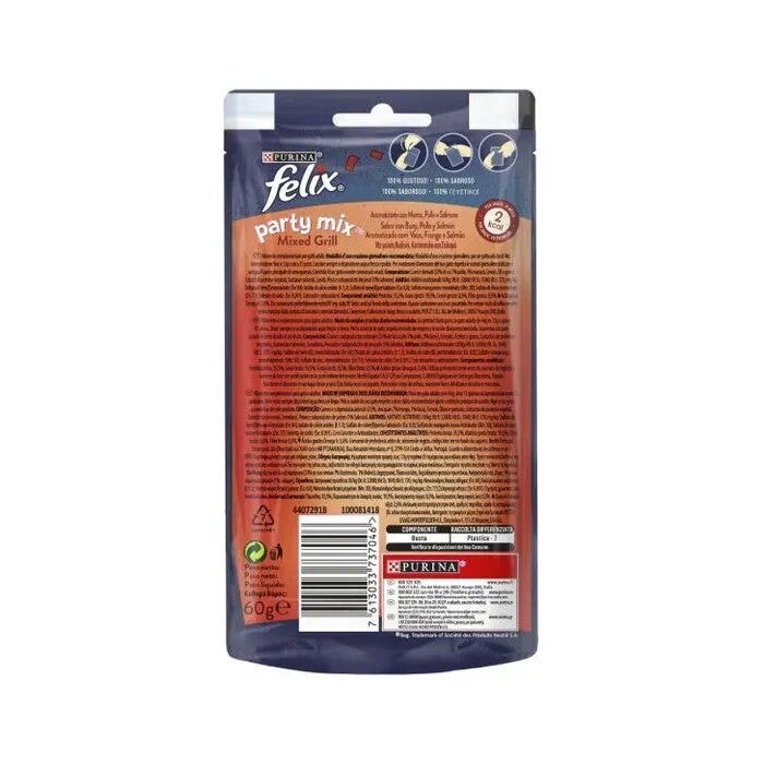 Purina Felix Party Mix Mixed Grill Manzo/Pollo/Salmone Snack Gatti Adulti Busta 60g-5