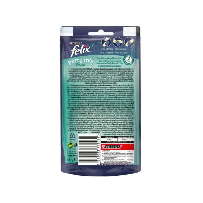 Purina Felix Party Mix Mix Ocean Salmone/Merluzzo/Trota Snack Gatti Adulti 60g-2