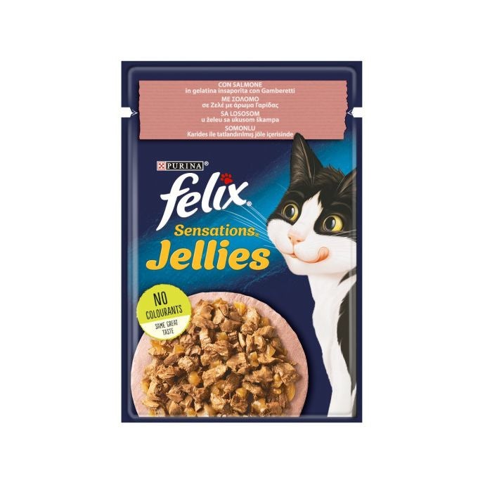 Purina Felix Sensations Jellies Gusto Salmone/Gamberetti Cibo Umido Gatti Adulti Busta 80g-1
