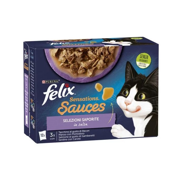 Purina Felix Sensations Sauces Tacchino/Manzo/Salmone/Sardine Cibo Umido Gatti Adulti Busta 12x85g-1
