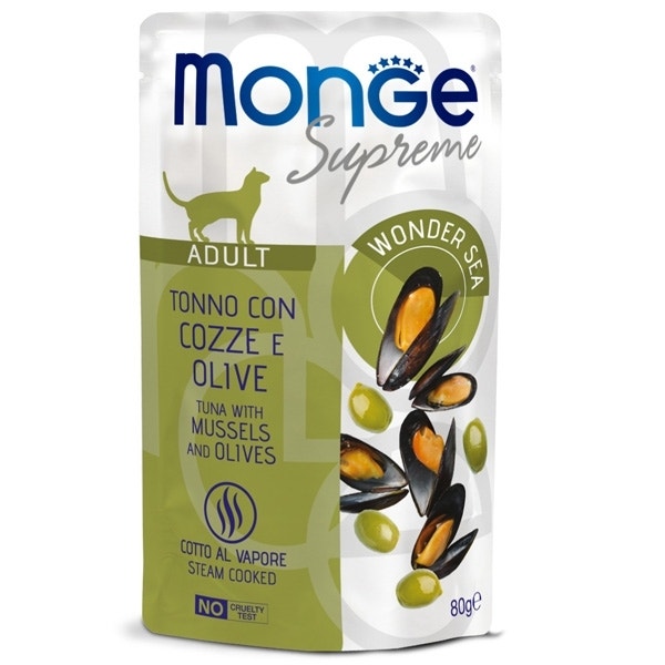 Monge Supreme Pezzetti di Tonno con Cozze Olive Cibo Umido Gatti Adulti 80g-1