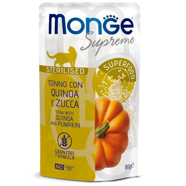 Monge Supreme Pezzetti di Tonno con Quinoa Zucca Cibo Umido Gatti Adulti Sterilizzati 80g-1
