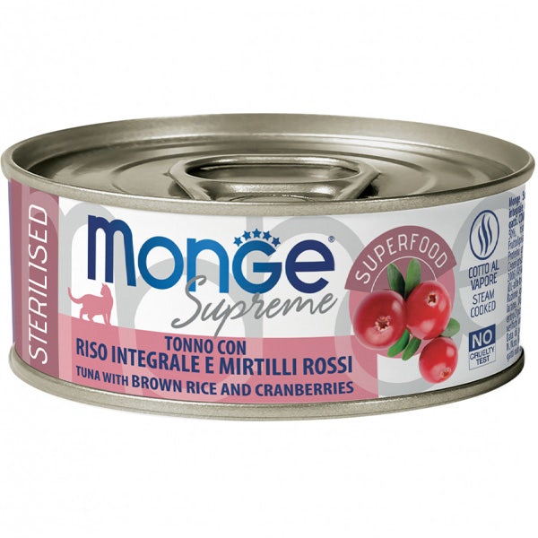 Monge Supreme Tonno Riso Integrale e Mirtilli Rossi Cibo Umido Gatti Adulti Sterilizzati 80g-1