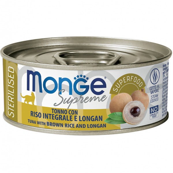 Monge Supreme Tonno Riso Integrale e Longan Cibo Umido Gatti Adulti Sterilizzati 80g-1