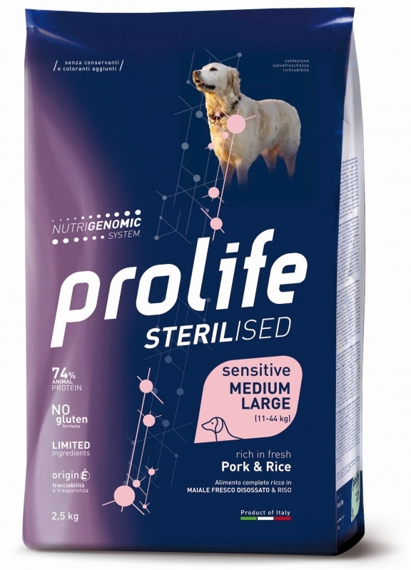 Prolife Dog Sterilised Sensitive Pork & Rice Cibo Secco Per Cani Adulti Sterilizzati Taglia Media/Grande Sacco 12 kg-1