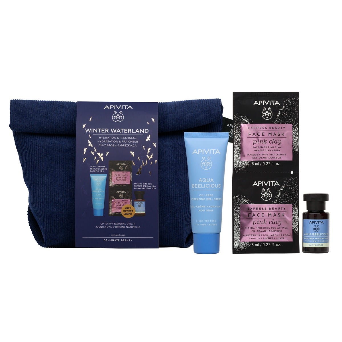 Apivita Cofanetto Aqua Beelicious Gel-Crema Idratante Oil Free 40ml+Tonico Idratante 20ml+Maschera Argilla Rosa 2x8ml-1