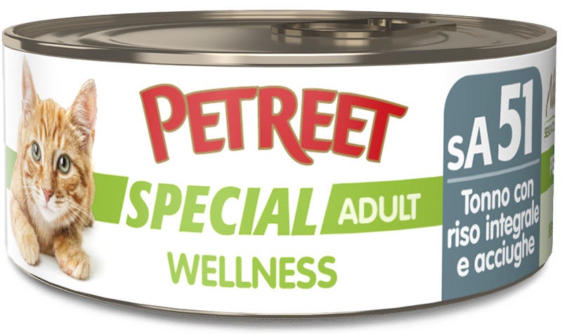 Petreet Wellness Tonno Con Riso Integrale Acciughe Cibo Umido Gatto Adulto Barattolo 70g-1