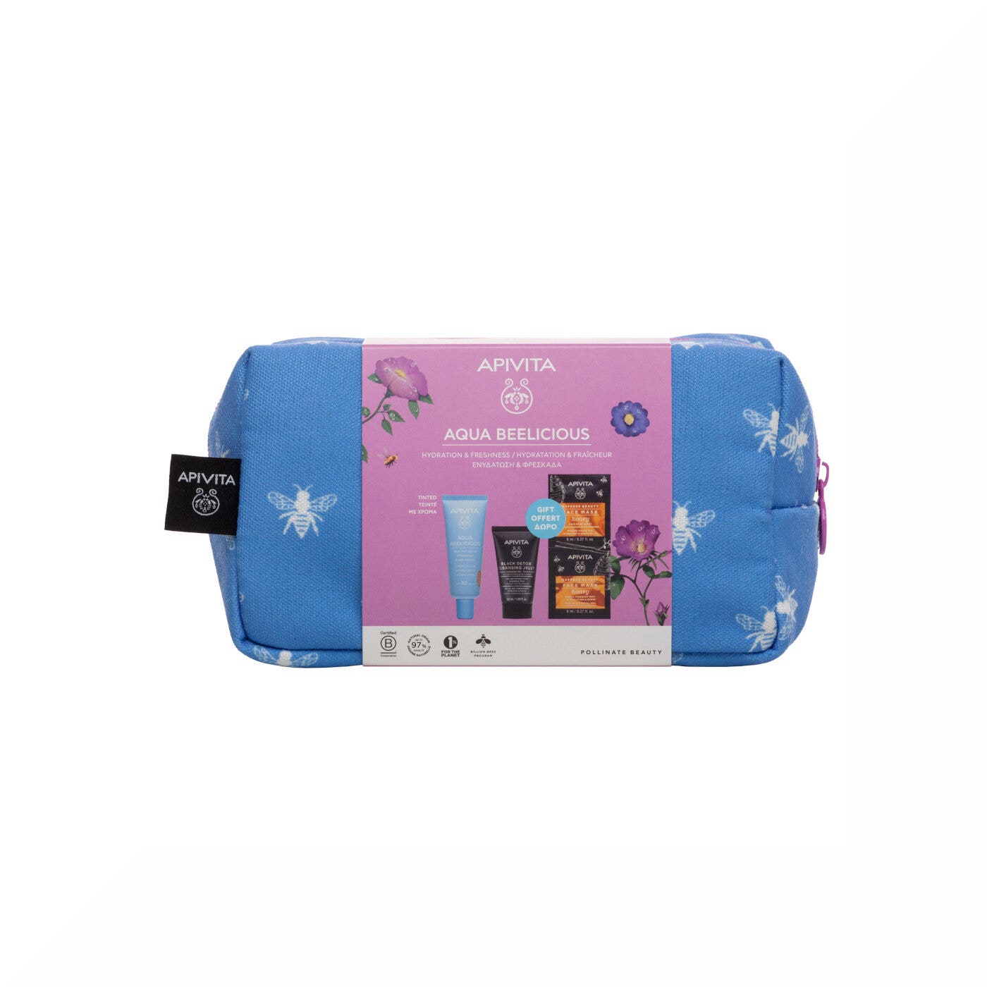 Apivita Aqua Beelicious Crema Idratante Colorata Healthy Glow SPF30+Gel detergente Viso+ Maschera+ Pochette-1