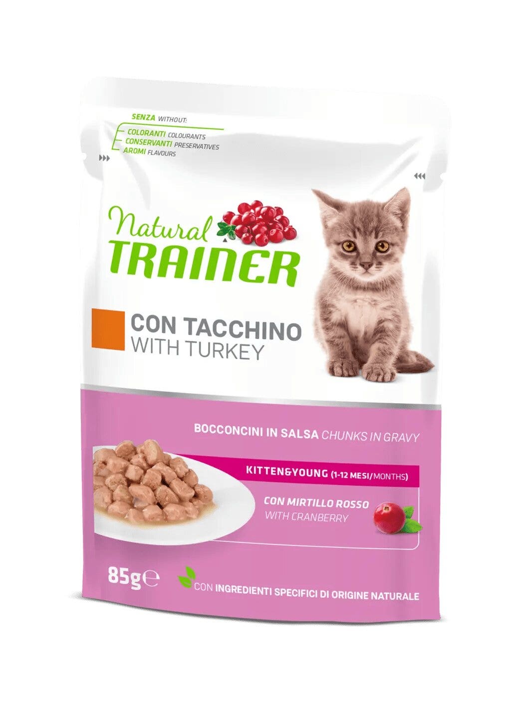 Natural Trainer Gatto Kitten & Young con Tacchino Bocconcini in Salsa 85g-1