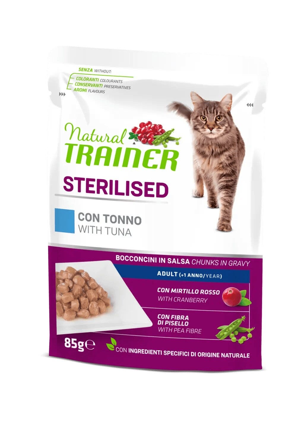 Natural Trainer Gatto Sterilised Adult con Tonno Bocconcini In Salsa 85g-1