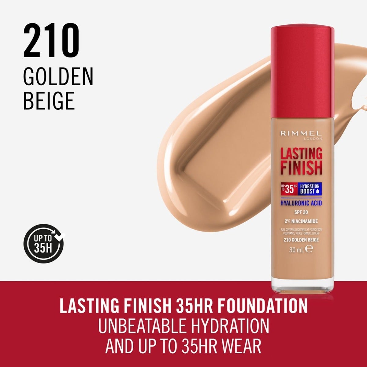 Rimmel Fondotinta Lasting Finish 35h Con Acido Ialuronico 210 Golden Beige 30ml-8