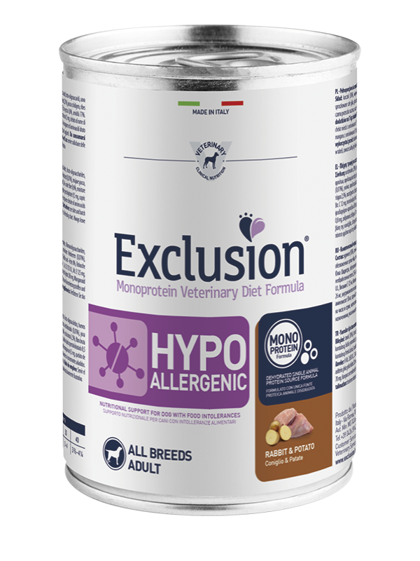 Exclusion Veterinary Diet Formula Hypoallergenic Per Cani Coniglio/Patate Lattina 400gr-1