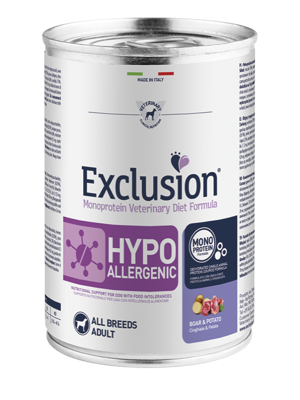Exclusion Veterinary Diet Formula Hypoallergenic Per Cani Cinghiale/Patate Lattina 400gr-1
