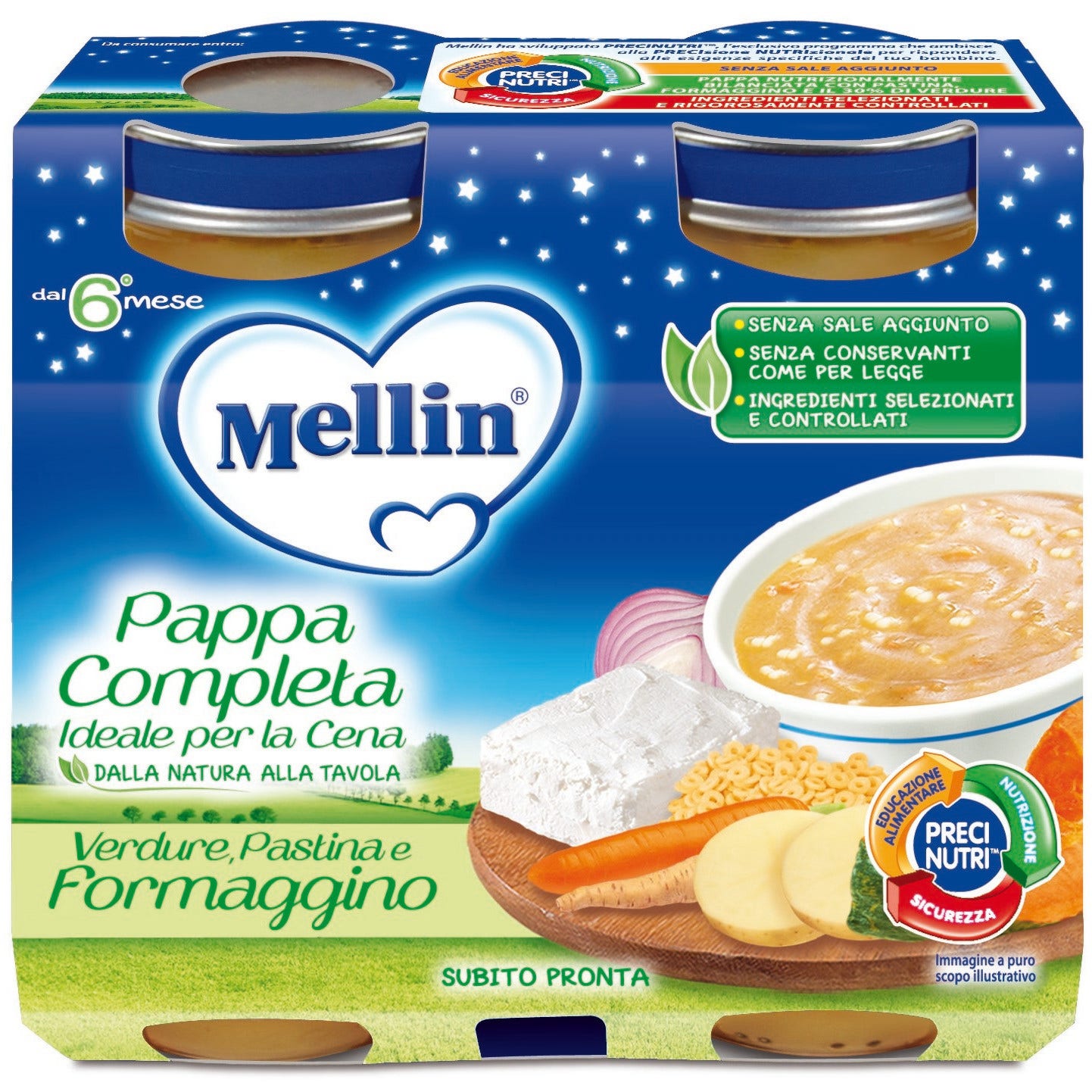 Mellin Cena Completa Pastina Verdure Formaggino 6 Mesi+ 2x200g  - 3