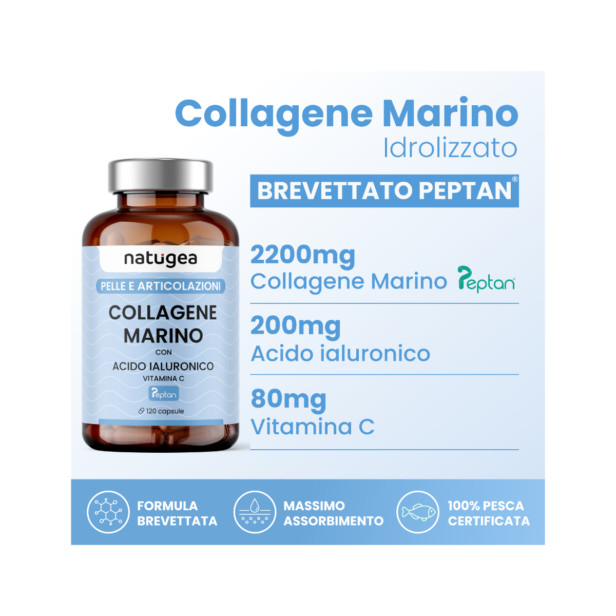 Natugea Collagene Marino Idrolizzato Peptan F HD Con Acido Ialuronico E Vitamina C 120 Capsule-3