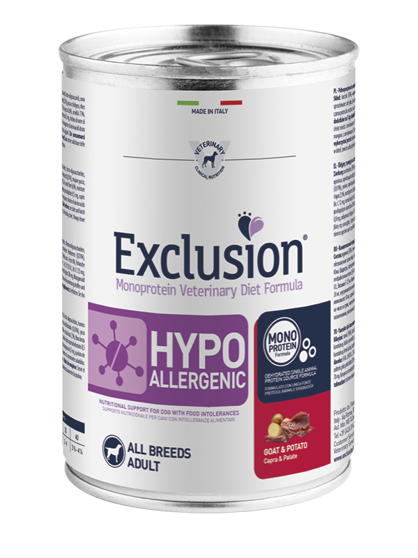 Exclusion Veterinary Diet Formula Per Cani Hypoallergenic Capra E Patate Lattina 400gr-1